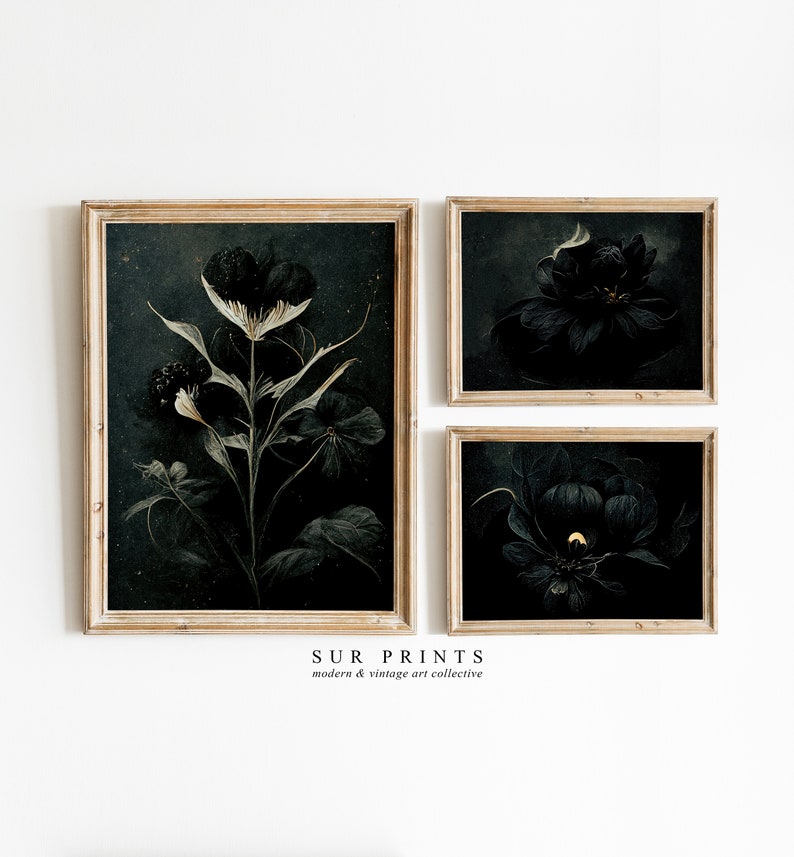 Moody Dark Botanical Gallery Wall Art | Moody Floral Print Set | 3 ...