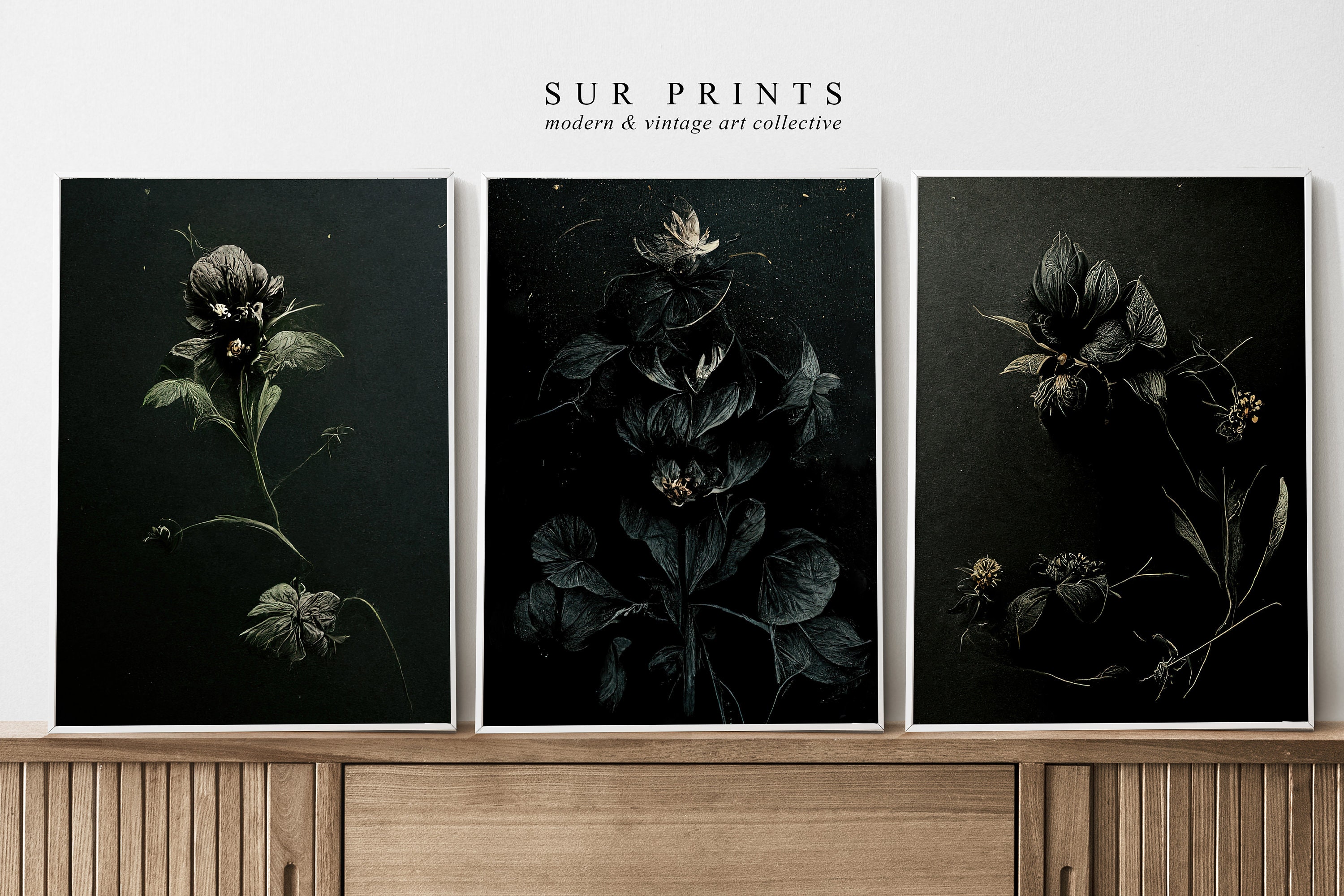 Dark Botanical Gallery Wall Art Moody Floral Print Set 3 Etsy