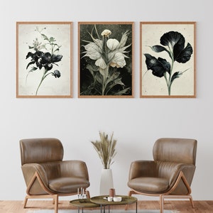 Neutral Botanical Gallery Wall Art, Moody Floral Print Set, 3 Piece ...