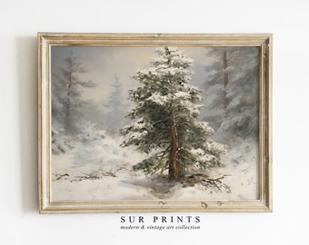 Vintage Snowy Pine Tree Winter Landscape Wall Art, Christmas Winter Wall Decor, Winter Wall Art, Vintage Rustic Print, Digital Download, 242