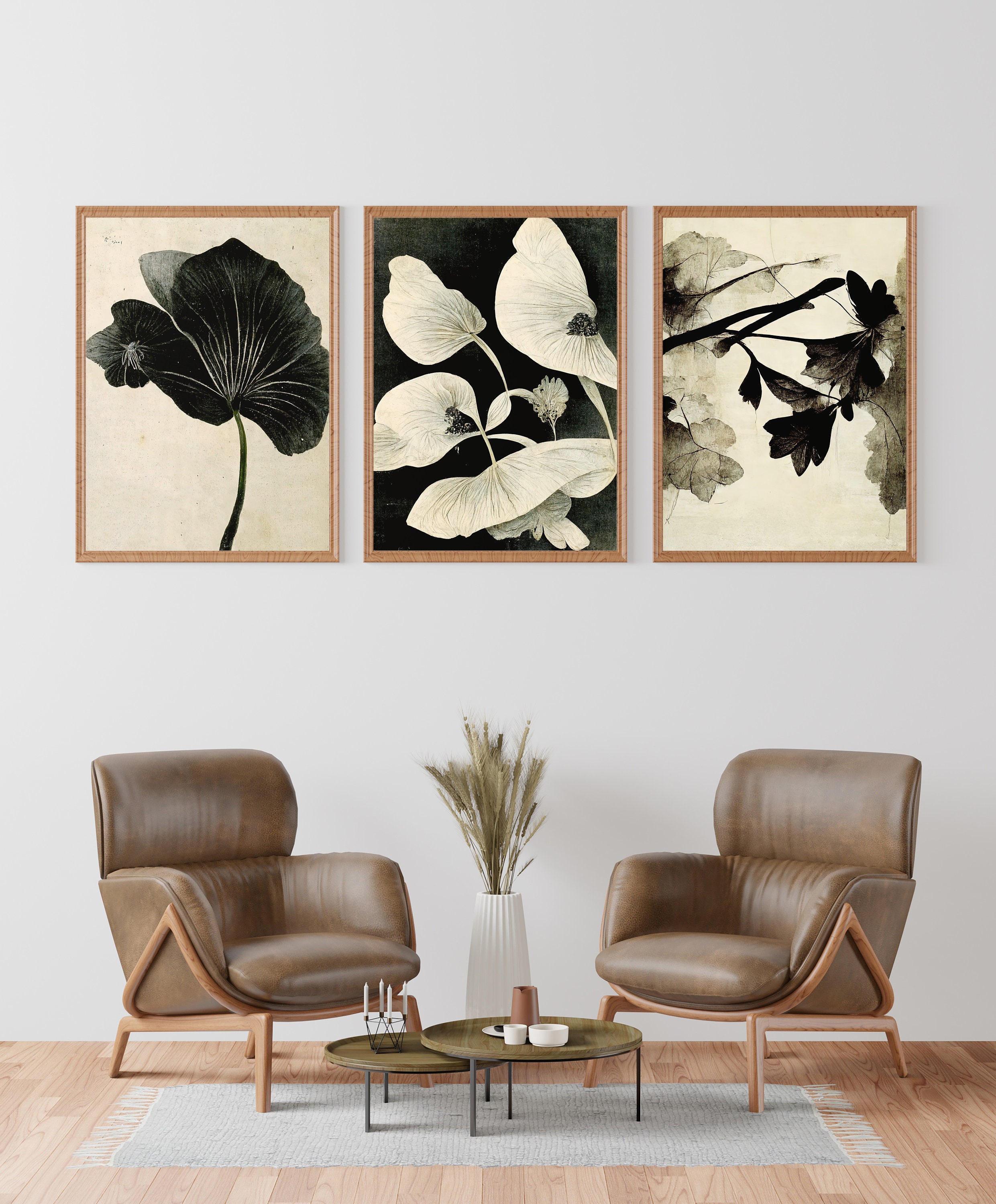 Neutral Botanical Gallery Wall Art, Moody Floral Print Set, 3 Piece ...