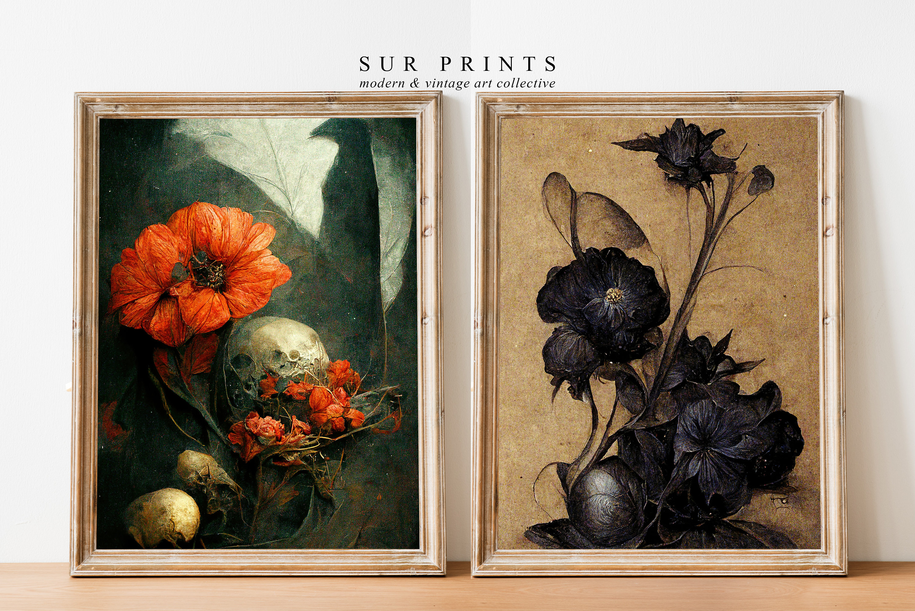 Dark Botanical Gallery Wall Art | Moody Floral Print, Set 2 Piece Wall ...