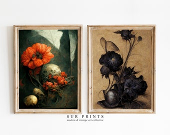 Dark Botanical Gallery Wall Art | Moody Floral Print, Set 2 Piece Wall Art | Dark Academia Print, Digital Download, Printable Wall Art | 025