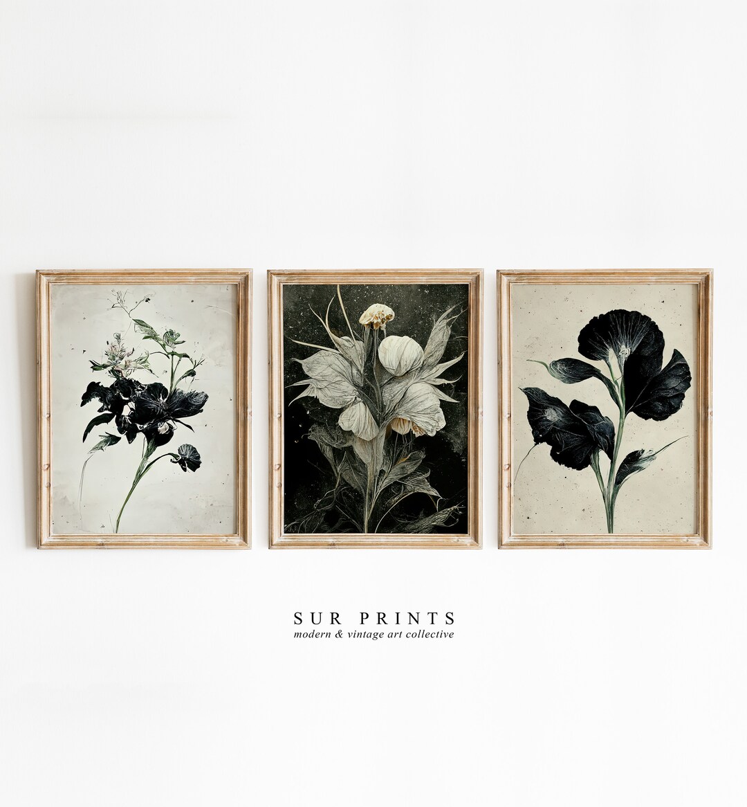 Neutral Botanical Gallery Wall Art, Moody Floral Print Set, 3 Piece ...