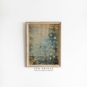 May include: A framed print with a blue and gold floral pattern. The print is in a light wood frame and has the text "SUR PRINTS modern & vintage art collective" at the bottom.