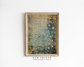 May include: A framed print with a blue and gold floral pattern. The print is in a light wood frame and has the text "SUR PRINTS modern & vintage art collective" at the bottom.