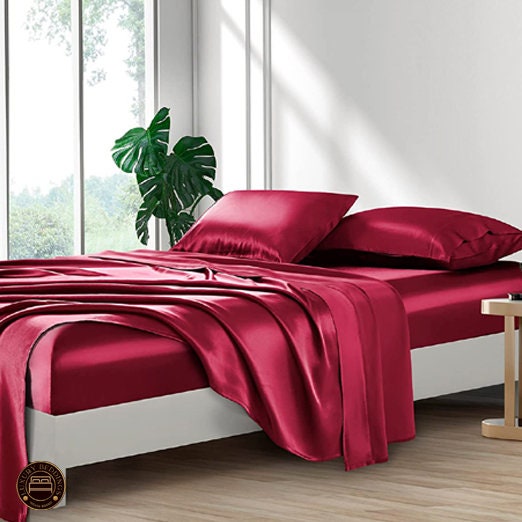 Satin Fitted Sheet, Twin Fitted Sheet Only, 1 - Piece Ultra Soft Deep Pocket Single Silk Bottom Bed Sheet Twin - Burgundy