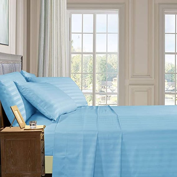 Streifen-Bettlaken-Set, 4-teilig, Bio-Bettlaken aus 100 % Baumwolle, weich, jede Größe, luxuriöse Bettwäsche, 1 flach, 1 Spannbettlaken (16" tiefe Tasche), 2 Kissenbezüge
