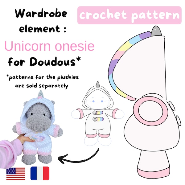 Unicorn onesie for doudous - Cute pj's - Accessory for my doudou collection - Crochet Pattern Amigurumi Patron pyjama licorne pour doudous