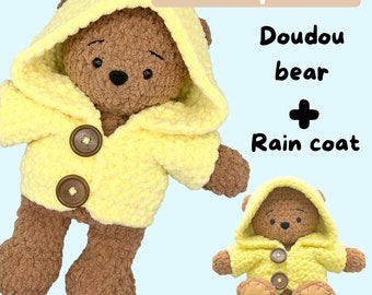 Teddy Bear WITH RAIN COAT - Crochet Pattern - Cuddle Size - Amigurumi Pattern - Baby Shower- Ours doudou avec imperméable - patron crochet