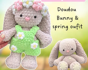 Bunny WITH SPRING OUTFIT - Crochet Pattern - Cuddle Size - Amigurumi Pattern - Easter- Lapin doudou avec salopette - patron crochet