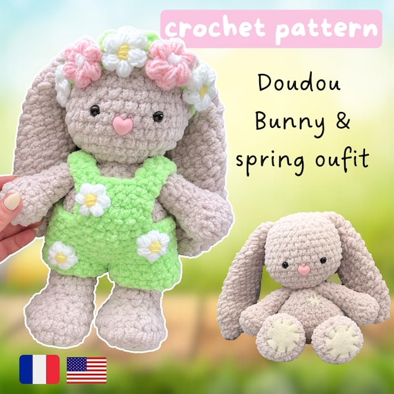 Bunny WITH SPRING OUTFIT - Crochet Pattern - Cuddle Size - Amigurumi Pattern - Easter- Lapin doudou avec salopette - patron crochet