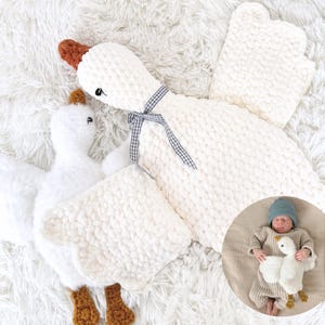 May include: A white, plush goose-shaped baby blanket and matching toy. The blanket has a textured, knitted appearance with a gingham ribbon. The goose has a brown beak and feet. A baby is shown in the inset, wearing a hat and holding a similar toy.