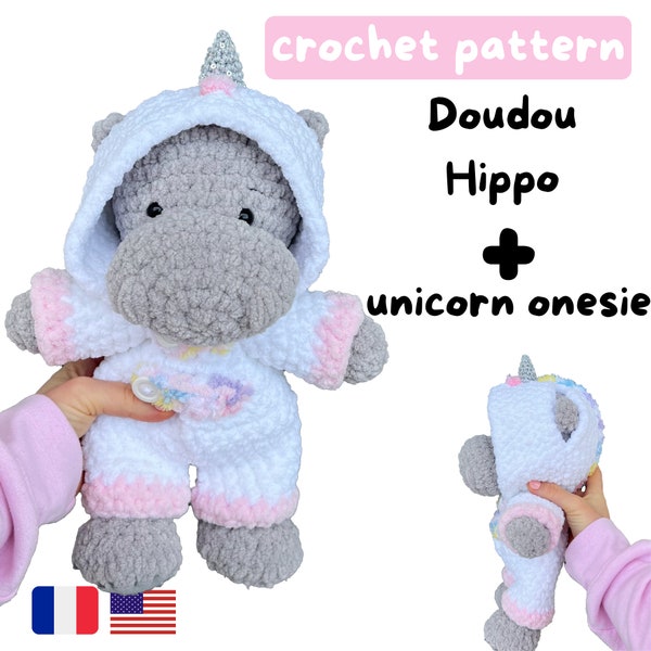 Hippo MIT EINHORN Babybody - Häkelanleitung - Cuddle Size - Amigurumi Pattern - Baby Shower