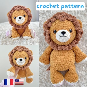 May include: Crochet pattern for a brown lion amigurumi toy with a brown mane and white face. The lion is sitting on a white fluffy surface. The pattern is available in both English and French.
