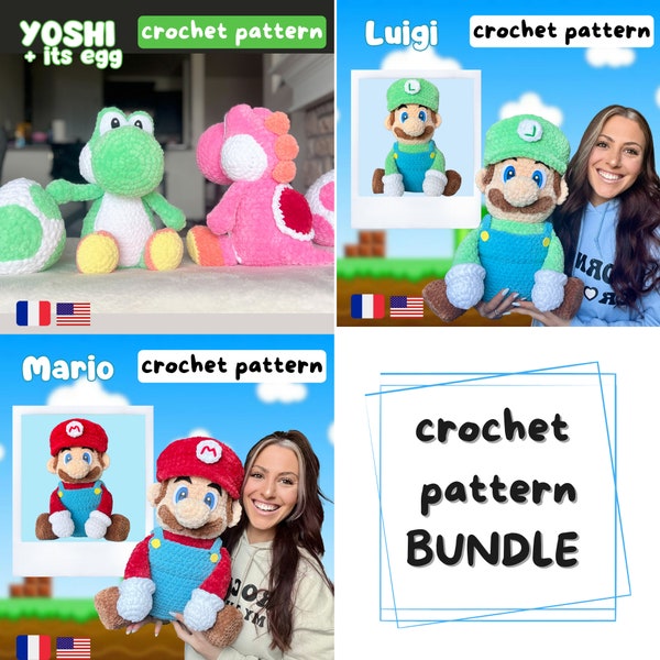 BUNDLE Super Mario, Luigi, Yoshi and Egg Crochet Patterns PDF - plush - amigurumi- tutoriel - US terms / Lot patrons crochet fr- Peluche pdf