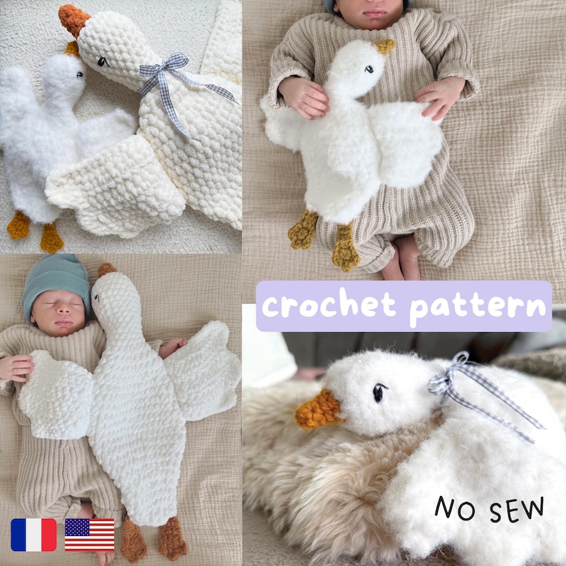 May include: White crochet goose toy with orange beak and feet, and a blue bow. The image shows the goose toy in different settings, including with a baby. The text "crochet pattern" and "NO SEW" are also visible.