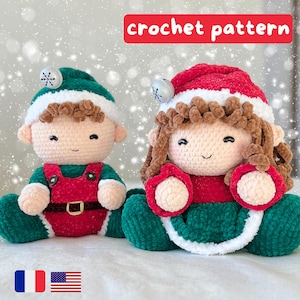 Può includere: Schema di uncinetto per un elfo verde e rosso e una bambola di Natale verde e rossa. L'elfo indossa un cappello verde con un bordo bianco e un vestito rosso e bianco. La ragazza indossa un cappello rosso con un bordo bianco e un vestito verde con un bordo bianco.