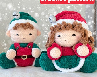 2 in 1 Christmas Elf Crochet Pattern - Girl + Boy Amigurumi Elf - crochet dolls - Cuddle Size Christmas Pattern - Patron crochet Lutin Noël