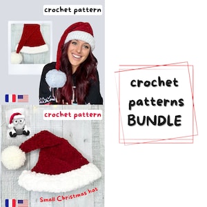 Paquete de patrones - 2 tamaños de gorros de Papá Noel - 2 patrones de crochet - Eng / Lot de 2 patrones au crochet français, bonnets père noël, 2 tailles