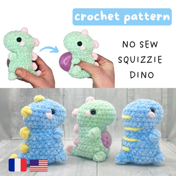 No Sew Squishy Dino with Stress Ball - PDF Crochet Pattern + Tutorial - Squishable Dinosaure Amigurumi - Patron crochet dino anti-stress fr