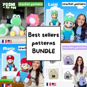 Puede incluir: Un collage de imágenes que presentan patrones de crochet para personajes populares de videojuegos, incluyendo Yoshi, Luigi y Mario. Los patrones están disponibles en paquete. El texto "Best sellers patterns BUNDLE" se muestra en el centro de la imagen.