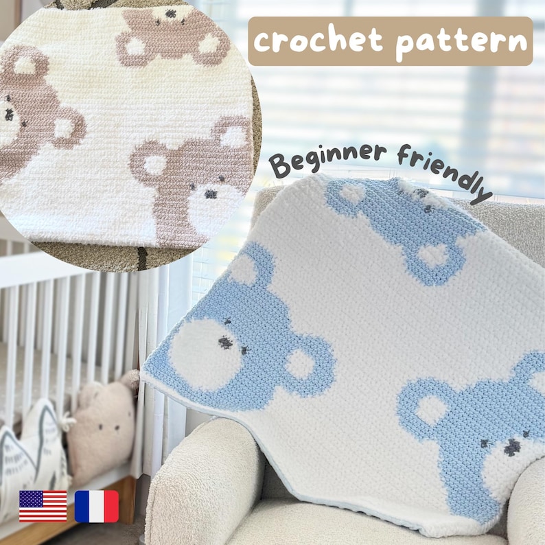 May include: A white and blue crochet blanket with a bear pattern. The blanket is displayed on a chair. The text "crochet pattern" and "Beginner friendly" are visible in the image.