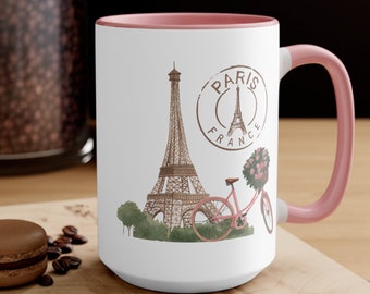 Paris France Romantic Mug, Emily Paris Mug, Valentine&#39;s Day Gift, French Bicycle, Paris Landmarks, Love Stamp Mug Gift