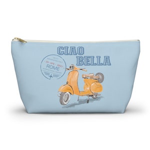Ciao Bella Accessory Pouch, Cute Italian Travel Vespa Accessory Zipper Bag with Vintage Retro Vibe, Rome Italy Honeymoon Destination Wedding