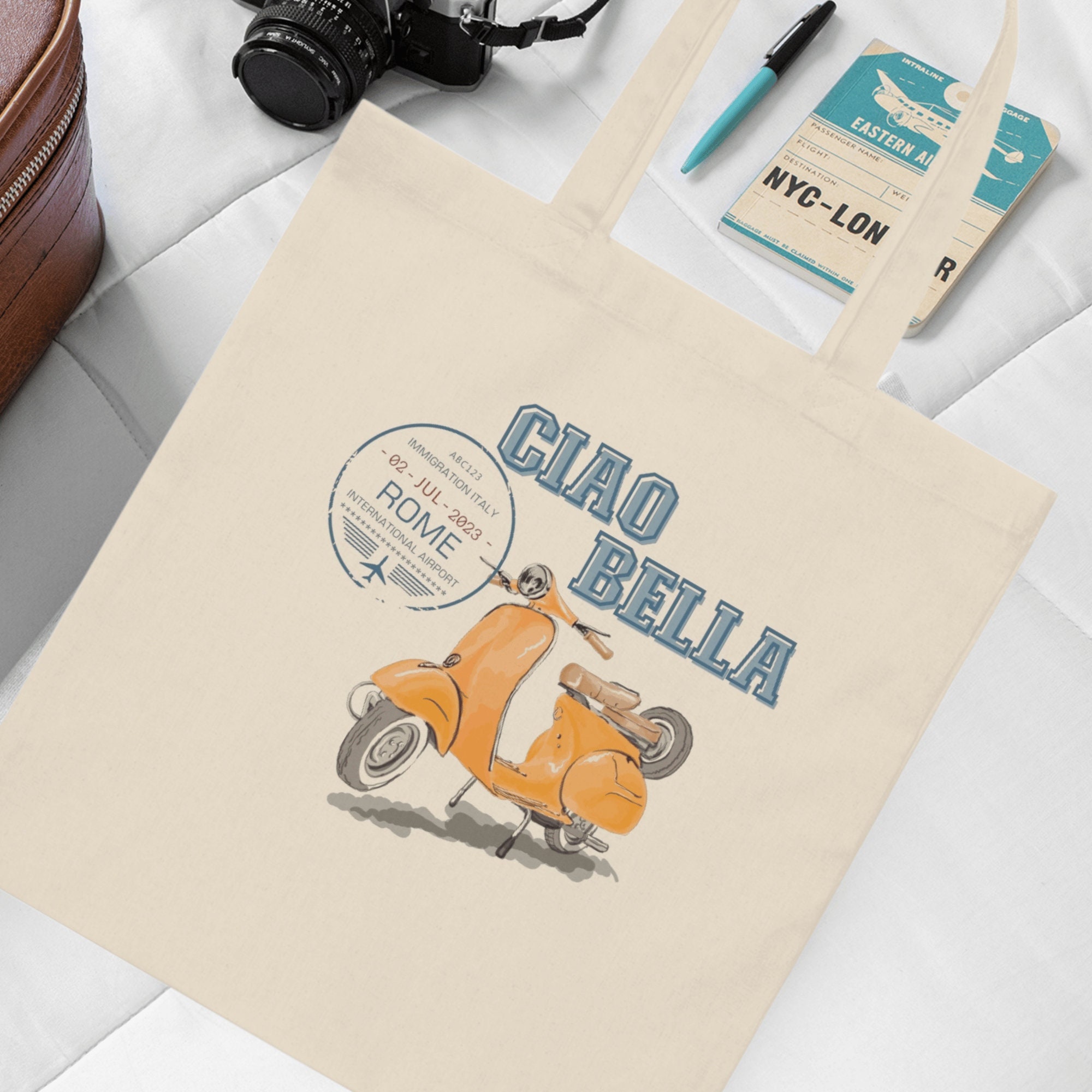 Ciao Bella Tote Bag, Cute Italian Travel Stamp Vespa Tote Gift Bag with Vintage Retro Vibe, Rome Italy Honeymoon, Destination Wedding