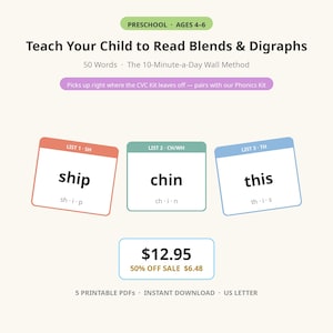 Könnte beinhalten: Pädagogische Phonetik-Karten für Kinder im Alter von 4-6 Jahren mit dem Text Teach Your Child to Read Blends & Digraphs. Drei Karten zeigen die Wörter ship, chin und this mit ihrer phonetischen Aufschlüsselung. Enthält 5 druckbare PDFs im US-Letter-Format.