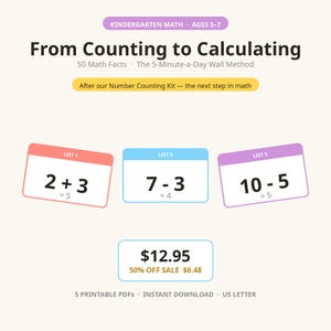 May include: Educational math resource titled From Counting to Calculating for ages 5-7. Includes 50 math facts, a 5-minute-a-day wall method, and three sample cards showing addition and subtraction equations like 2+3=5, 7-3=4, and 10-5=5.