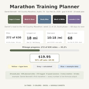 Pode incluir: Um painel digital de plano de treino de maratona para Daniel Bennett. Exibe métricas de progresso, incluindo 272 de 630 milhas, uma corrida mais longa de 18 milhas, um ritmo alvo de 10:18/mi e 68 dias até a maratona Hill Country.