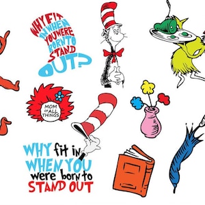 Puede incluir: Una colección de ilustraciones inspiradas en Dr. Seuss. Incluye los personajes Thing 1 y Thing 2, el Gato en el Sombrero, un jarrón con flores, un libro abierto, un paraguas y texto que dice "¿Por qué encajar cuando naciste para destacar?" y "Huevos verdes con jamón."