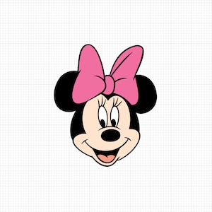 May include: A cartoon illustration of Minnie Mouse with a pink bow. Her ears are black and her face is light brown. She has large black eyes and a big smile.