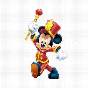 Könnte beinhalten: Eine Cartoon-Illustration von Mickey Mouse, der als Bandleader verkleidet ist. Er trägt eine rot-goldene Uniform mit einem hohen roten Hut und einem goldenen Band. Er hält einen goldenen Taktstock mit einer roten Kugel oben.