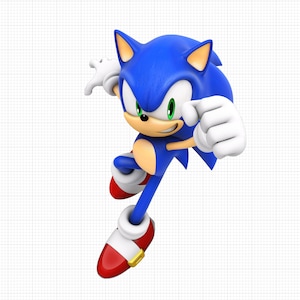 May include: A blue and white cartoon character with red shoes and a determined expression. The character is in mid-air with one arm extended forward and the other bent at the elbow. The character has a white glove on each hand and a white stripe on each shoe.