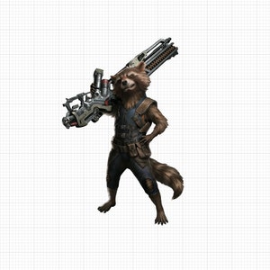 May include: A raccoon-like character wearing a blue and brown jumpsuit and holding a large, futuristic weapon. The character has a serious expression and is standing with one leg slightly bent.