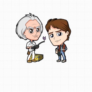 以下が含まれることがあります： バック・トゥ・ザ・フューチャーのドク・ブラウンの漫画イラスト。彼は紫色の稲妻がついたリモコンを持っています。彼は赤いベストと青いジーンズを着たマーティ・マクフライの隣に立っています。