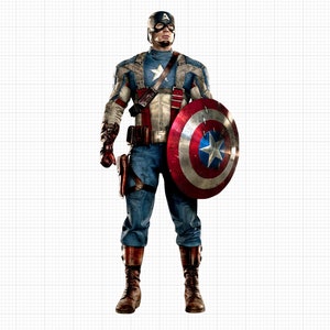 以下が含まれることがあります： 青、赤、白の衣装を着たスーパーヒーローのフィギュア。赤、白、青の盾を持っている。フィギュアは足を広げて立ち、腕は体の横に置かれている。フィギュアは星がついたヘルメットをかぶっている。