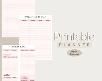 Könnte beinhalten: Druckbarer Budgetplaner mit Abschnitten für Ausgabenverfolgung, Sinking Funds Tracker und monatliches Budget. Der Planer hat ein rosa-weißes Farbschema und enthält Überschriften für Datum, Beschreibung, Kategorie, Betrag, Anfang, Ende, Änderung, Einkommen, Rechnungen, Fällig, Betrag, bezahlt, Gesamt verbleibend, Bargeldumschläge, Betrag, Gesamt verbleibend, Sparschuld und Betrag.