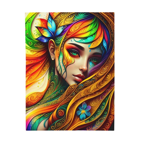 Plush Velveteen Blanket Rainbow Nymph Art, Vibrant Blacklight Art, Nature, Fairycore, Fantasycore, Rainbowcore, Housewarming Gift Idea, Glow