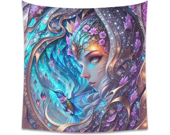 Mother Earth & Flying Jewel Tapestry, Nature Printed Wall Art, Glam Home Décor Hummingbird Art, Gifts for Her Christmas Gift Idea Collectors