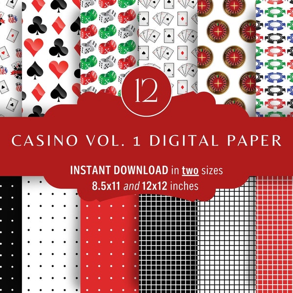 Casino Vol 1 INSTANT DOWNLOAD Digital Paper Printable, BONUS Pack Two-Sizes, Cards, Dice, Gambling, Craps, Crafting, Scrapbook, Junk Journal