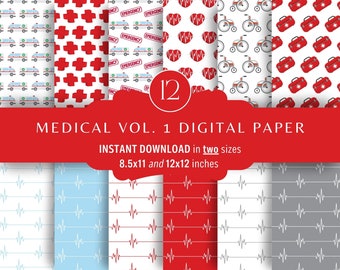 Medical INSTANT DOWNLOAD Digital Paper Pack, Printable, Bonus TWO Sizes, Hospital, Ambulance, Heartbeat, Wheelchair, Crafting, Scrapbooking