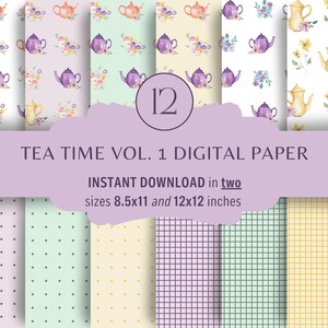 Tea Time INSTANT DOWNLOAD Vol 1 Pacote de papel digital BÔNUS de dois tamanhos, bules de chá, aquarela, flores, artesanato, álbum de recortes, lixo eletrônico