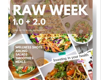 May include: A digital download titled "RAW WEEK 1.0 + 2.0" with the text "Lose up to 15 lbs in 2 weeks." The image includes photos of salads, smoothies, and other healthy meals. The text also includes "20 RECIPES!" and "60 PAGES".