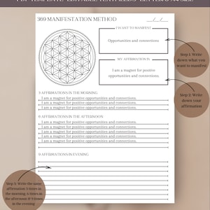 May include: A printable 369 manifestation method worksheet with a flower of life symbol. The worksheet includes sections for writing down what you want to manifest, your affirmation, and repeating the affirmation 3 times in the morning, 6 times in the afternoon, and 9 times in the evening.