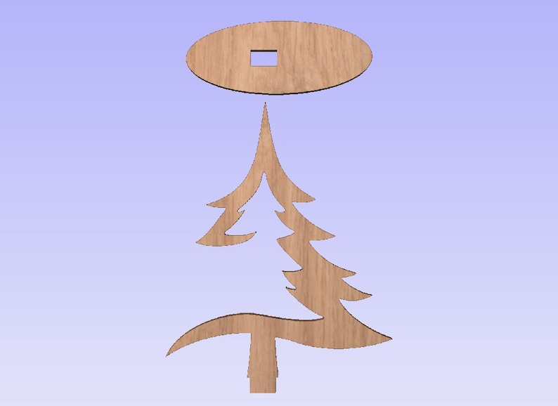 May include: Wooden cutout of a Christmas tree with a star on top. The tree is brown and has a simple design.