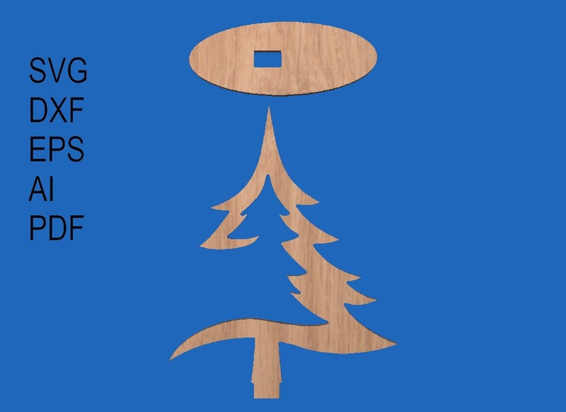 May include: A wooden cutout of a Christmas tree with a star on top. The tree is brown and has a simple design. The star is also brown and has a square hole in the center.